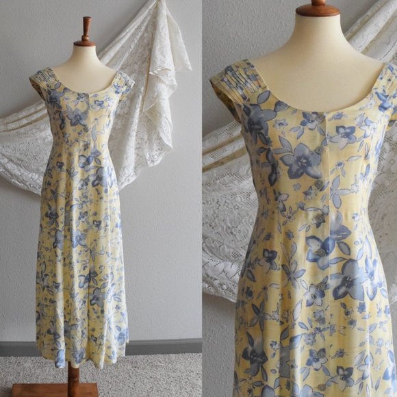 Scarlett Dresses & Skirts - VTG| 90's blue floral on canary yellow rayon dress